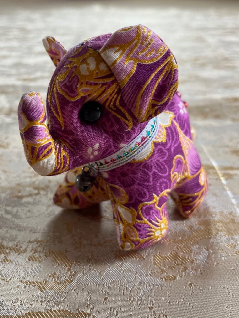 Thai Lucky Elephant Plush Purple Gold Handmade Mini 4" Boho Thailand Decor Artsy
